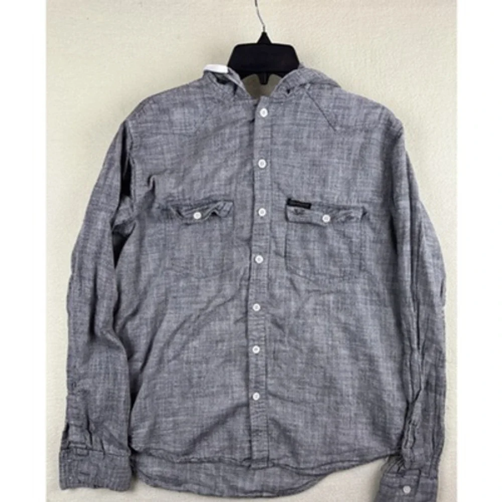 True Religio Hooded Button Down Shirt Mens Large Gray Long Sleeve Side Zip
